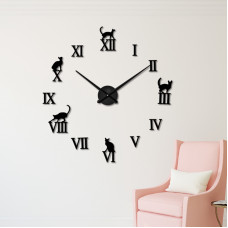 3D Nalepovacie hodiny DIY Clock Cat Time, čierne 70-120cm