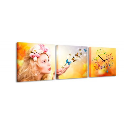 3-dielny obraz s hodinami, Motýle, 35x105cm 3-dielny obraz s hodinami, Motýle, 35x105cm