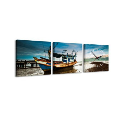 3-dielny obraz s hodinami, Odliv, 35x105cm 3-dielny obraz s hodinami, Odliv, 35x105cm
