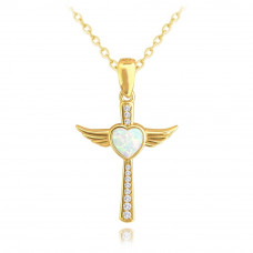 Pozlátený strieborný náhrdelník anjel  s bielym opálovým srdcom, Minet JMAN0386GN45