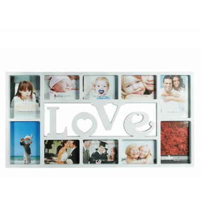 Biely fotorámik koláž Relaxdays RD10021856 Love na 10 fotiek – 73 x 37 cm