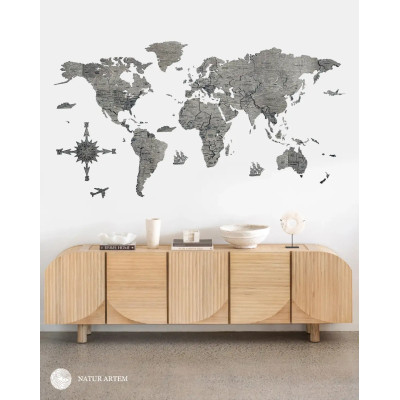 Nástenná drevená mapa sveta 3D, ručne vyrábaná, 200x100 cm sivá