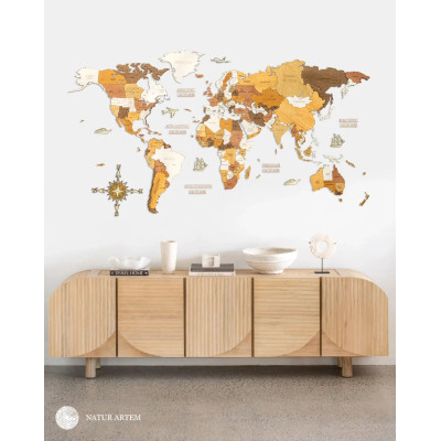 Nástenná drevená mapa sveta 3D, ručne vyrábaná, 300x150cm Natur artem