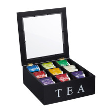 Čierna krabička na čaj s 9 priehradkami a nápisom „TEA“ RelaxDays RD10047497