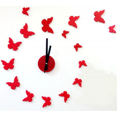 Nalepovacie nástenné hodiny, Motýle 3d diy, červené, 50-70cm