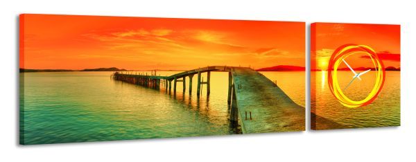 2-dielny obraz s hodinami, Sunset paradise, 158x46cm 