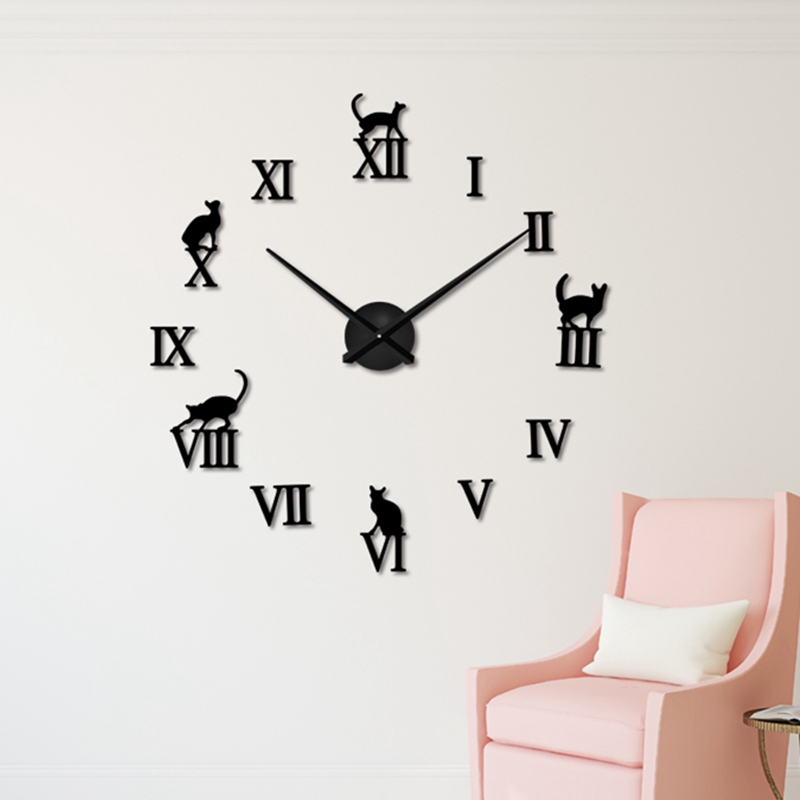 E-shop 3D Nalepovacie hodiny DIY Clock Cat Time, čierne 70-120cm