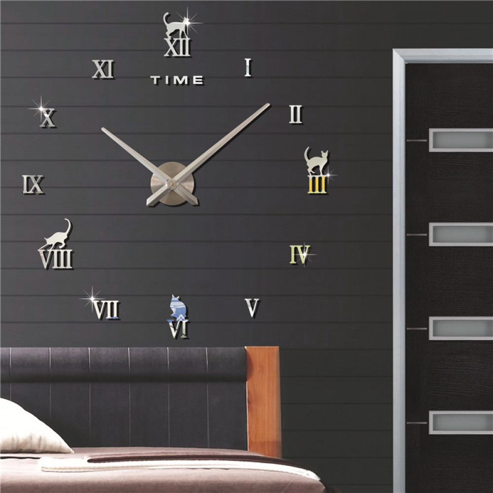 E-shop 3D Nalepovacie hodiny DIY Clock Cat Time, strieborné, 70-120cm