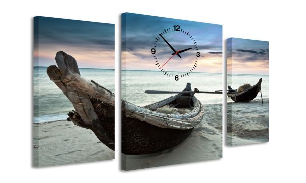 E-shop 3-dielný obraz s hodinami, Drevená loď, 95x60cm