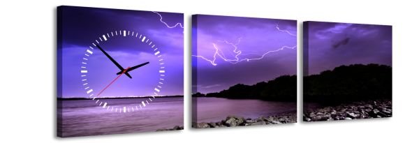 3-dielny obraz s hodinami, Búrka, 35x105cm 
