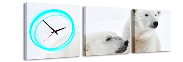 3-dielny obraz s hodinami, Ľadový medveď, 35x105cm 