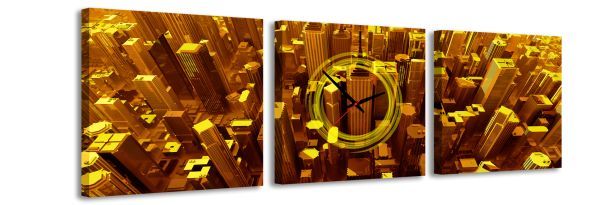 3-dielny obraz s hodinami, Gold City, 35x105cm 