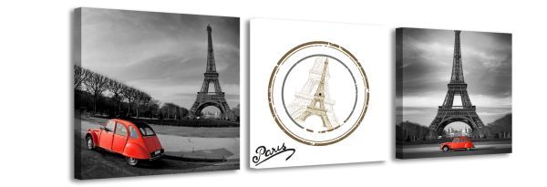 3-dielny obraz s hodinami, Eiffelova veža, 35x105cm 