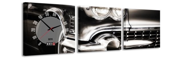 3-dielny obraz s hodinami, Cadillac, 35x105cm 