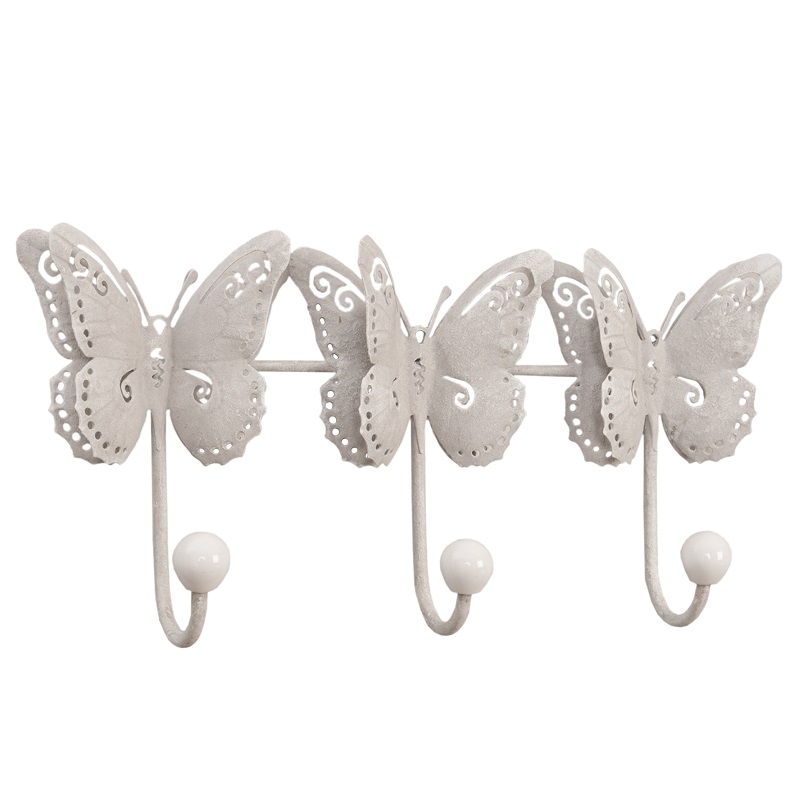 Kovový nástenný vešiak biely Motýle, Clayre &amp; Eff, 23cm