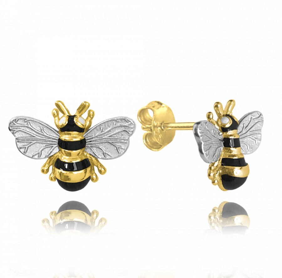 E-shop Pozlátené strieborné náušnice včielky s čiernymi zirkónmi, Minet JMAS5056GE00