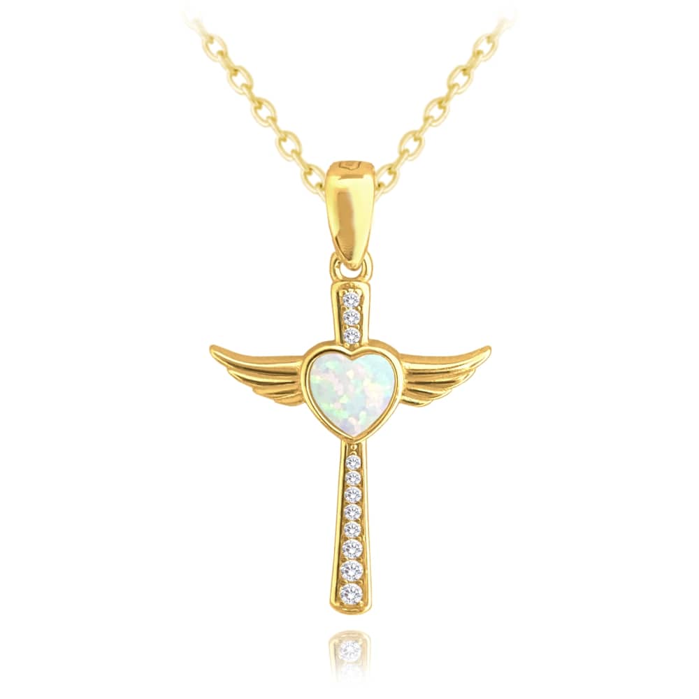 E-shop Pozlátený strieborný náhrdelník anjel s bielym opálovým srdcom, Minet JMAN0386GN45