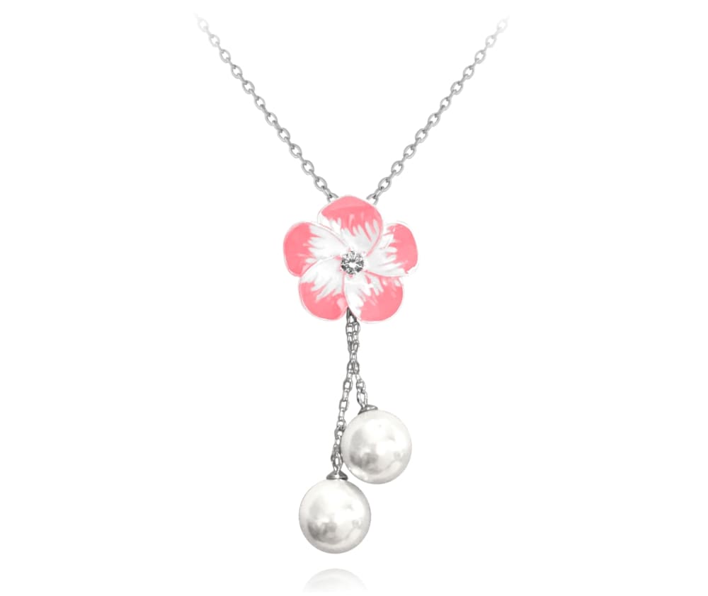 Ružový rozkvitnutý strieborný náhrdelník Minet -Flowers so zirkónom a perličkami 
