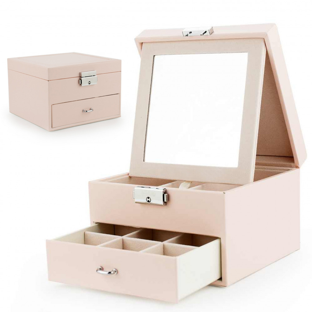 E-shop Elegantný kufor na šperky so zrkadlom, smotanová farba