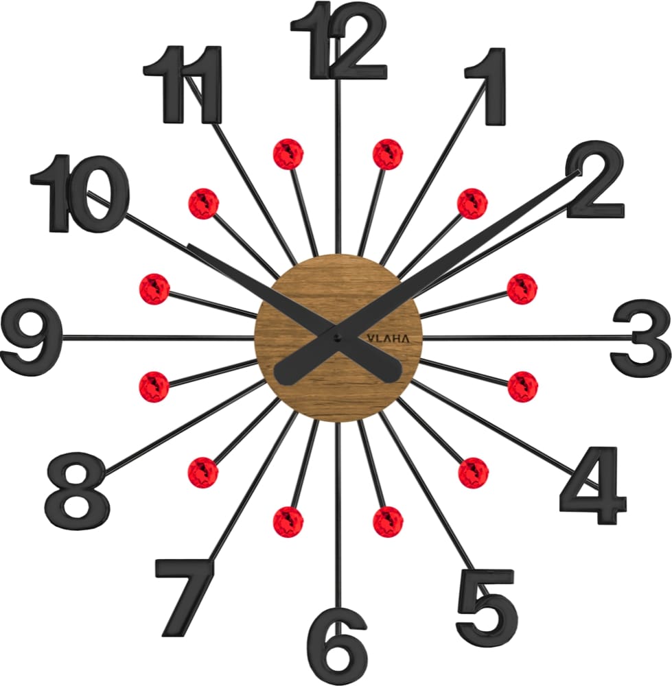 Drevené čierne hodiny s červenými kameňmi Vlaha design VCT1083, 49cm  