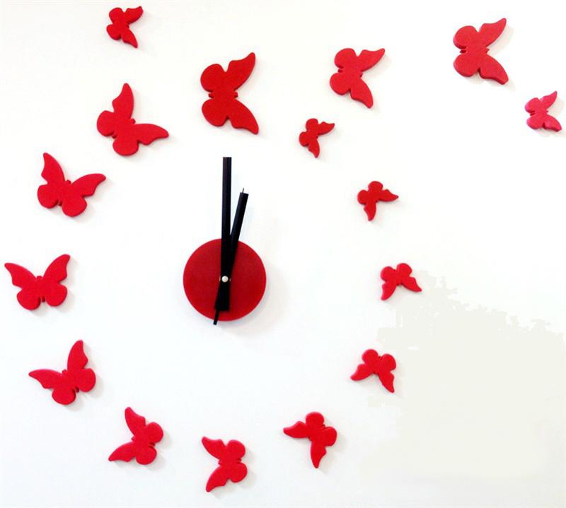 Nalepovacie nástenné hodiny, Motýle 3d diy, červené, 50-70cm 